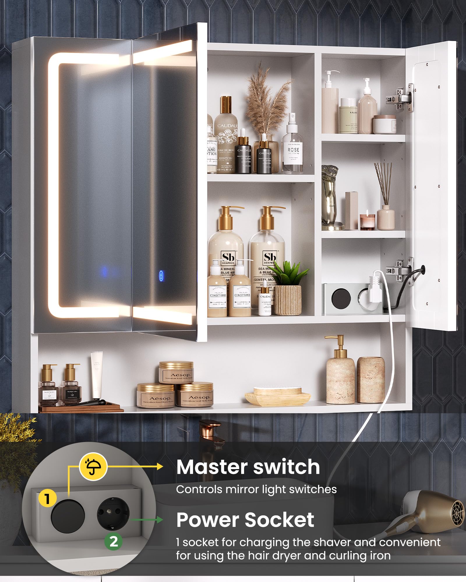 Armario con espejo, armario con espejo para baño con iluminación y enchufe, 3 puertas y estantes ajustables, 3 temperaturas de color regulables