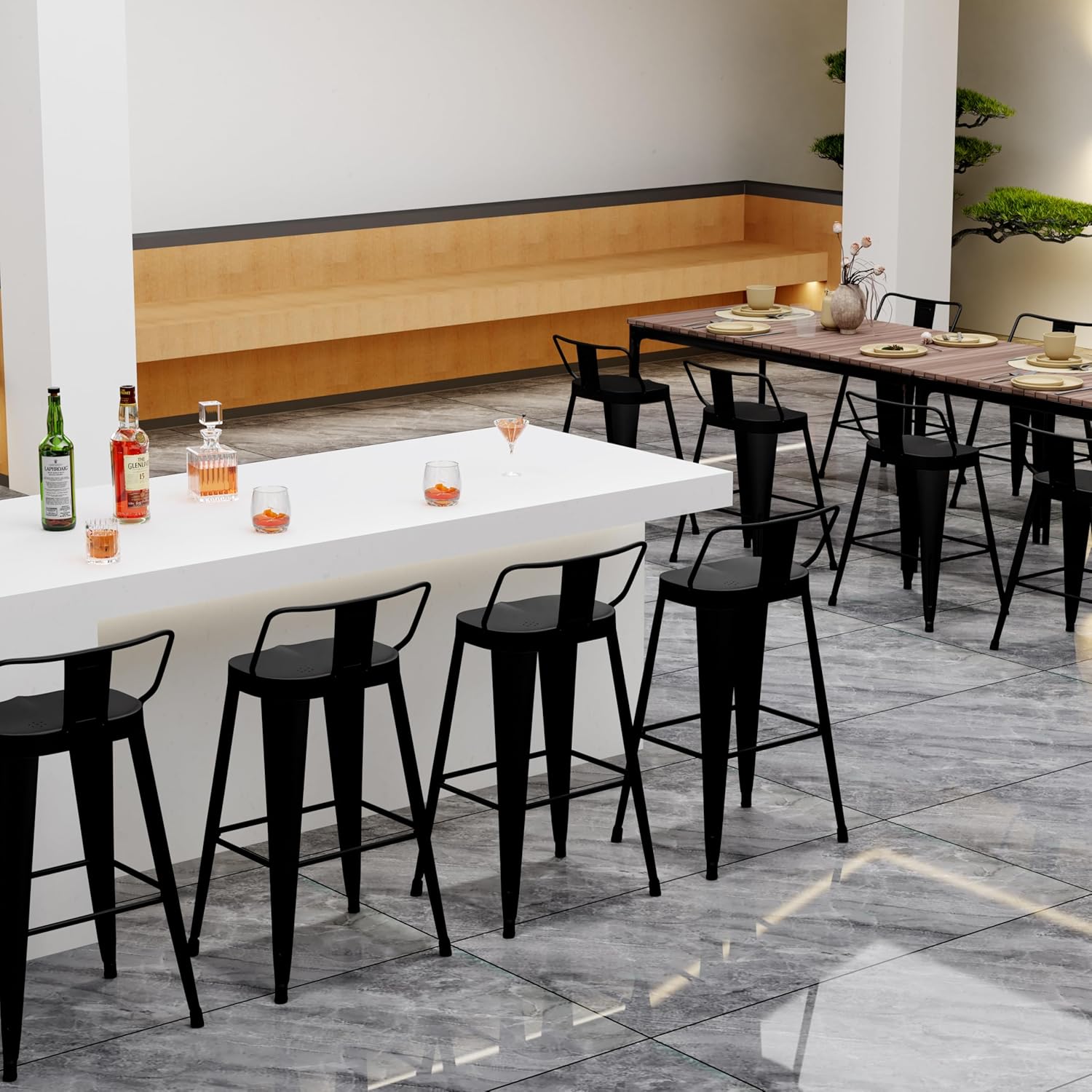 Aklaus Metal Bar Stools Set of 4 Counter Height Bar Stools for Kitchen Island Farmhouse Barstools with Removable Back 26" Indoor Outdoor Barstools, Matte Black