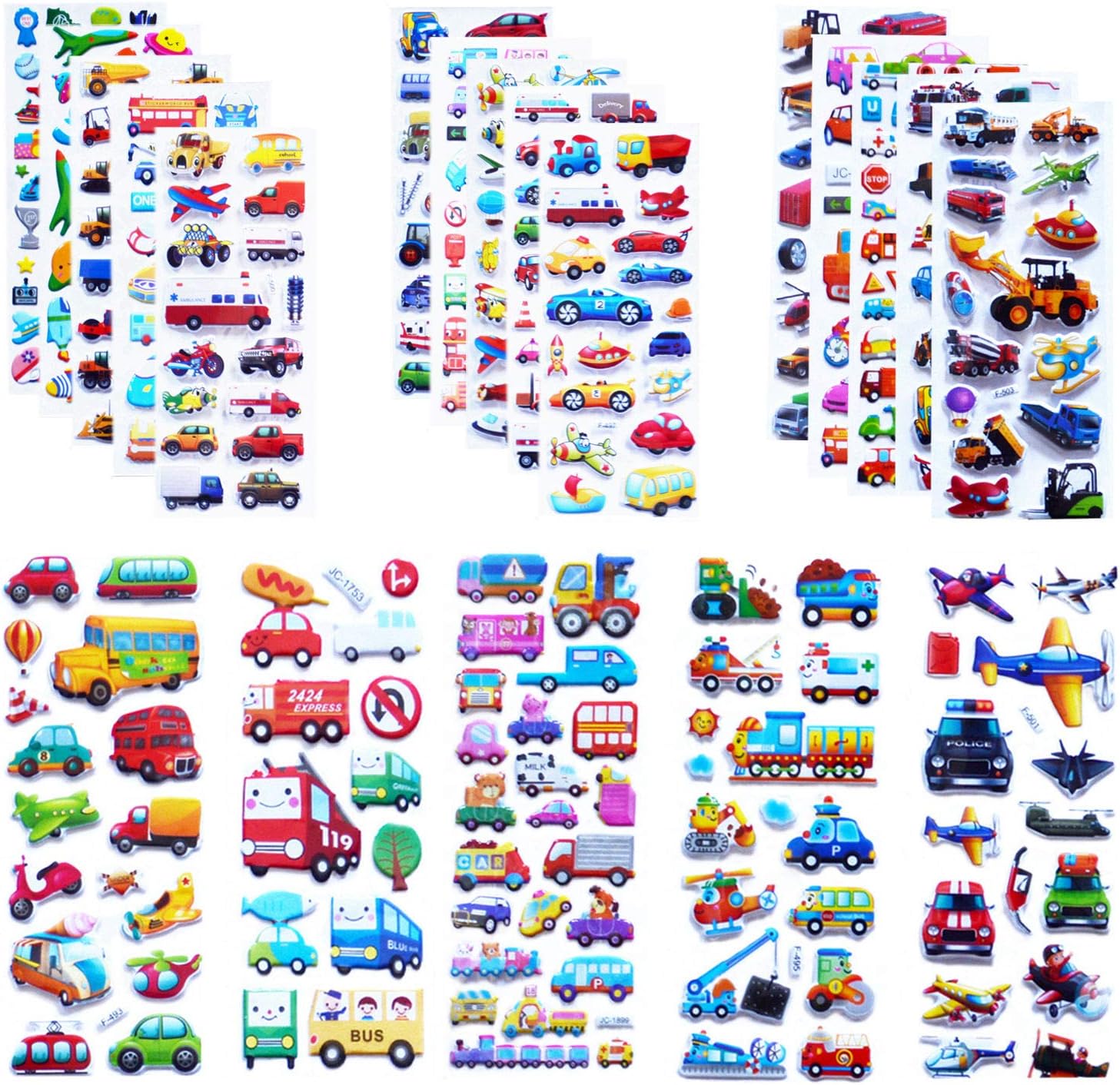 Kids Cars and Trucks Stickers Party Supplies Pack 500+, 20 Different Sheets, Transportation Stickers for Kids & Toddlers with Cars, Fire Trucks, Construction, Buses, Airplane,Spaceship,Rocket and More