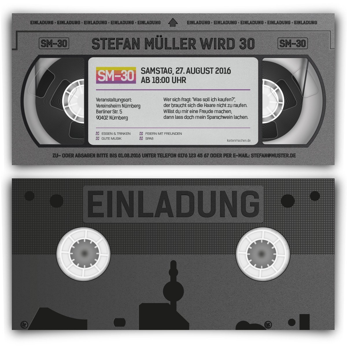 Einladungen im Videokassette VHS Motiv (30 Stück) – Vintage Geburtstag Einladungskarten