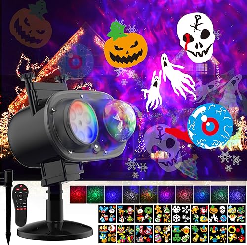 Miniatura 1 de Luces de proyector de decoraciones de Halloween, proyector de Navidad al aire libre con temporizador de control remoto, 26 efectos HD (ondas