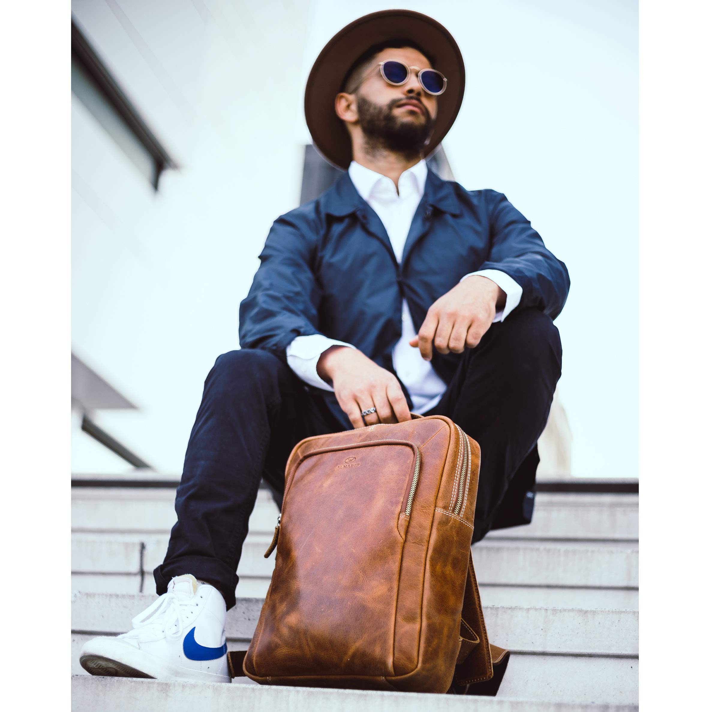 ALMADIH Premium Leder Rucksack BENE – Ledertasche 14 Zoll Laptop Tasche Reisetasche Handgepäck DIN A4 Schultertasche Umhängetasche Fahrrad Wander Schul Rucksack Backpack Vintage