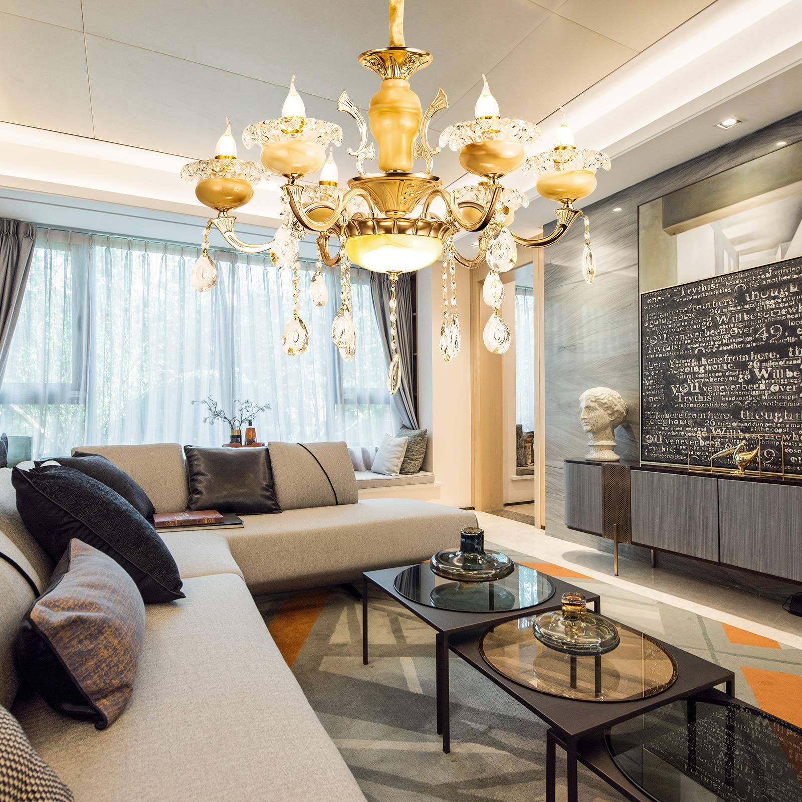 Crystal Classic Candle Chandelier Contemporary Chandelier Ceiling Pendant Fixtures Lights for Dining Room Living Room, E12 Bulbs Required (6 Bulb)