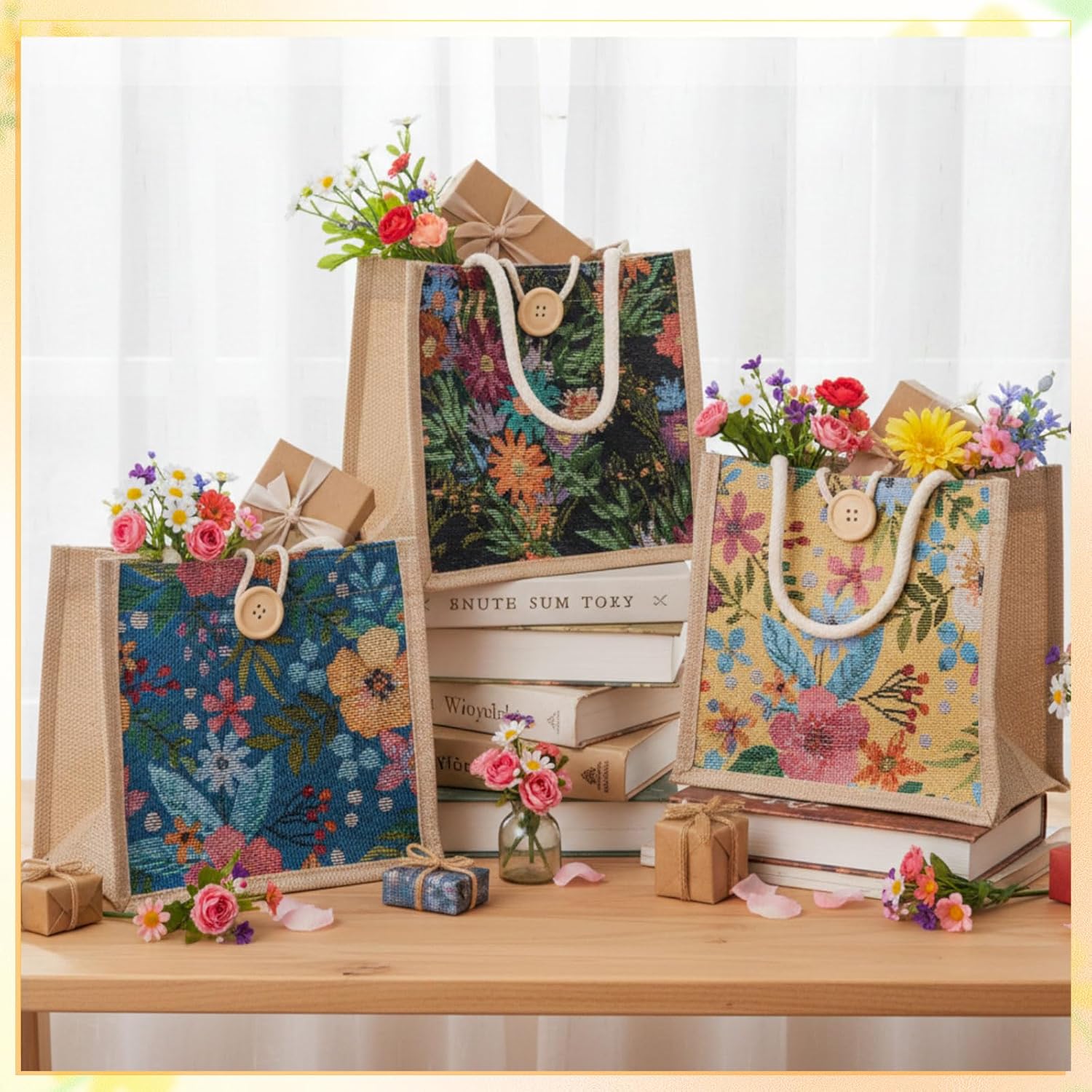 Abbylike 6 Pcs Women Tote Bag Mini Jute Reusable Floral Burlap Canvas Embroidered Grocery Bag for Christmas Birthday Gift (Flowers) - Image 3