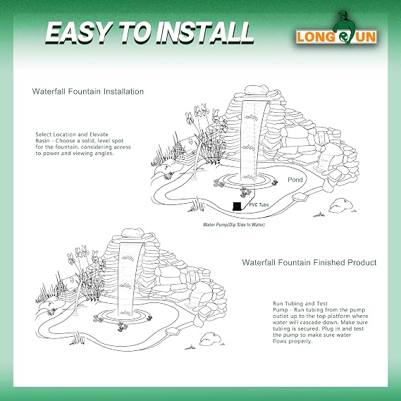 LONGRUN 60 cm Pond Waterfall Set 304 Stainless Steel Pool Waterfall Fountain with RGB LED and Remote Control Width 15 cm