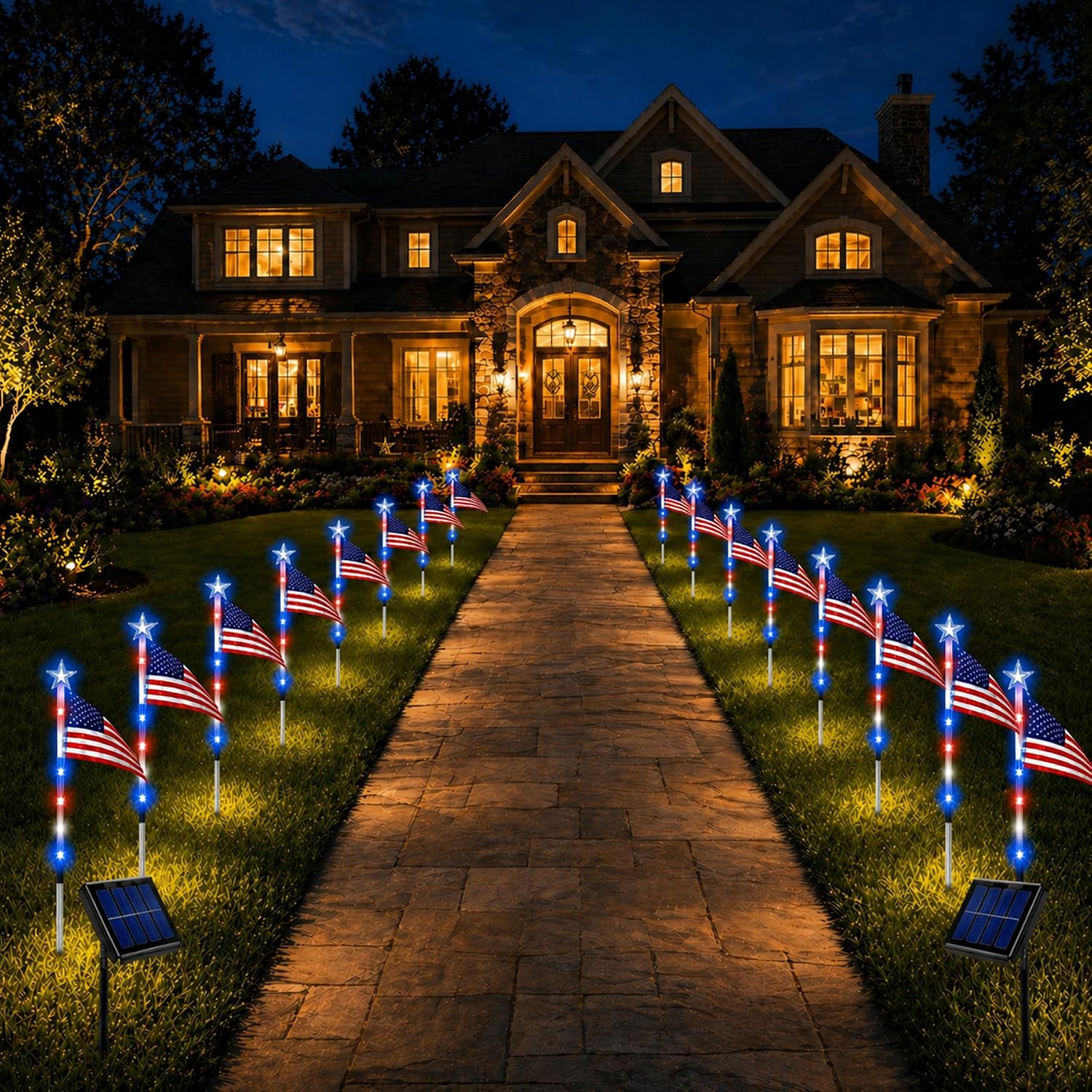 8Pack Solar American Flag Pathway Lights – Patriotic Red, White & Blue LED Outdoor Stake Lights with 8 Modes, Perfect for 4th of July, Memorial Day & Independence Day Yard Decor (8PCS)