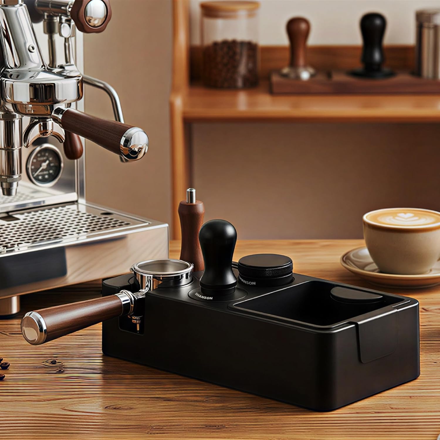 ShanSon Espresso Tamping Station for 51,53,54&58mm Portafilters,Tamper, Distributor, ABS espresso machine accessories with Built-in Detachable Knock Box & Tool Holder Rectangle