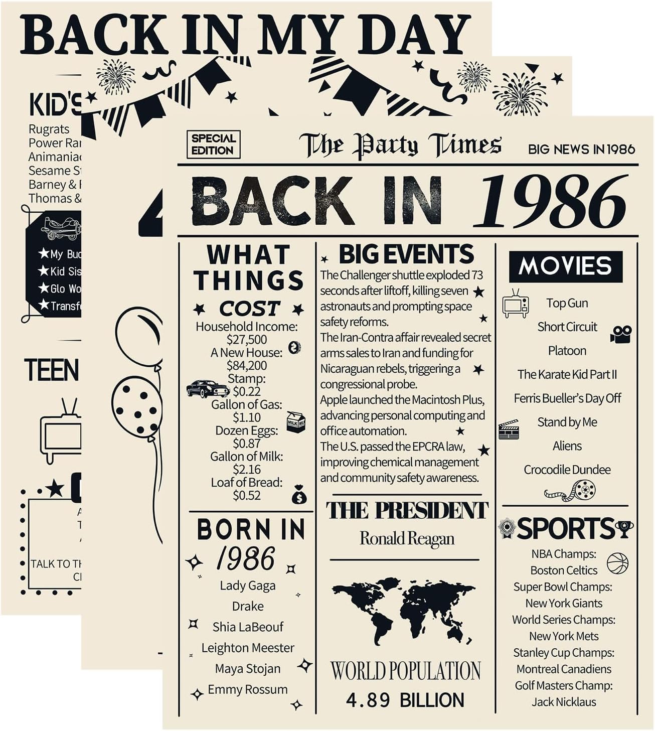 3Pcs 40th Birthday Decoration Posters, 1986 Birthday Gifts for Women Men