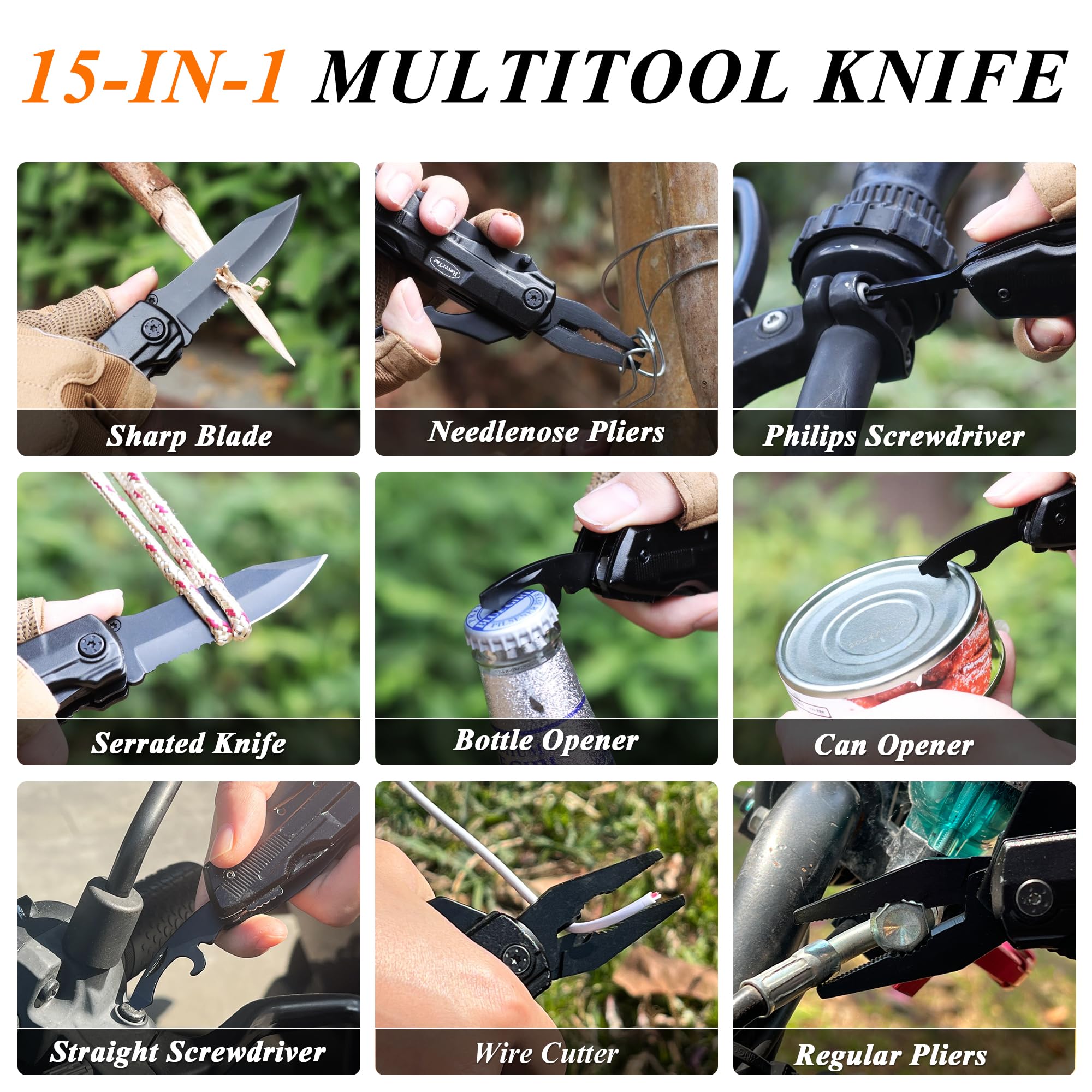 RoverTac Multitool scyzoryk dla mężczyzn, prezent: składany nóż survivalowy, nóż kempingowy, szczypce, otwieracz do puszek, zestaw 9 śrubokrętów, z zamkiem zabezpieczającym, nylonowa pochwa, prezent