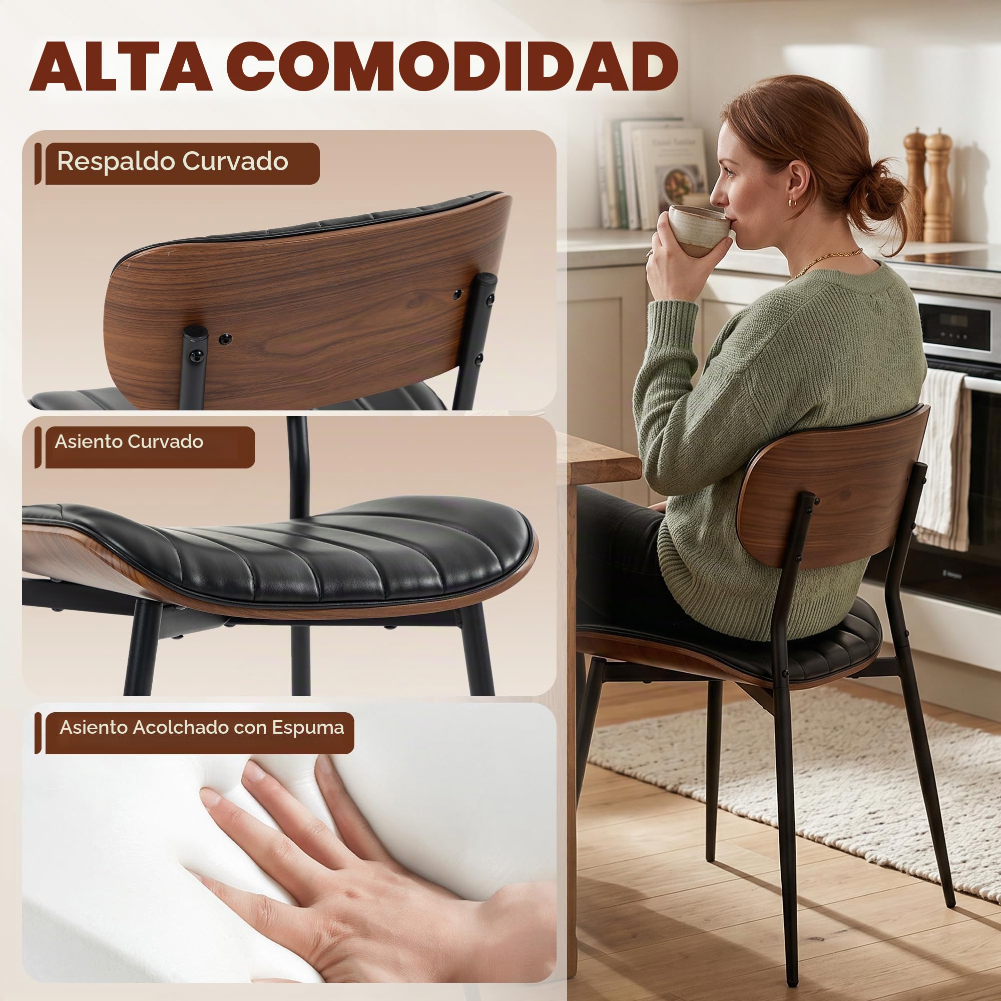 HOMCOM Pack de 2 Sillas de Comedor Asiento Acolchado Negro y Marrón