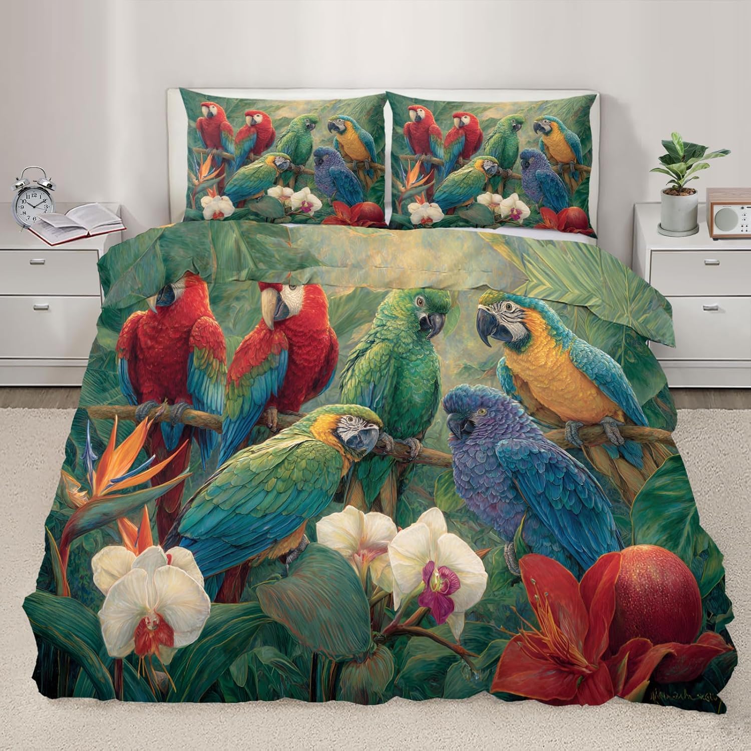 NDXRWDZR King Size Duvet Set Forest Parrot Duvet Cover with Zipper Closure Bedding Set for Aldults Kids Soft Hypoallergenic Microfiber Quilt Cover 230x220 cm + 2 Pillowcases 50x75 cm