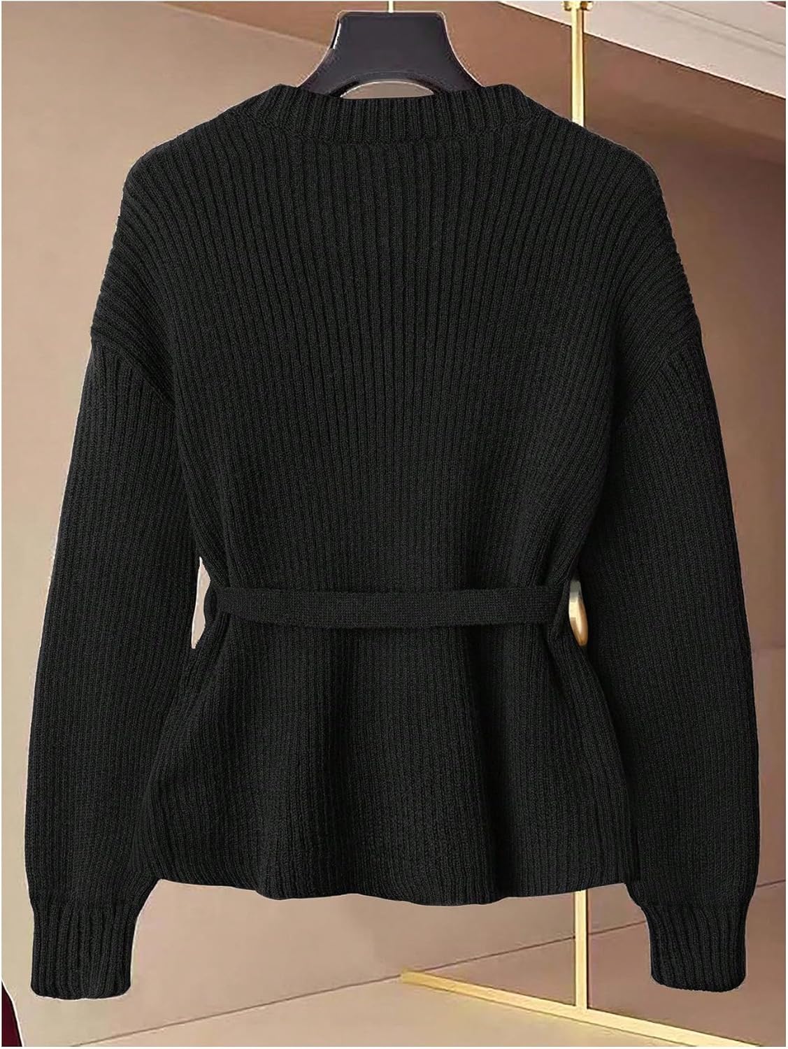 Verdusa Women's Old Money Ribbed Knit Cardigan Long Sleeve Asymmetrical Belted Sweaters - Image 2