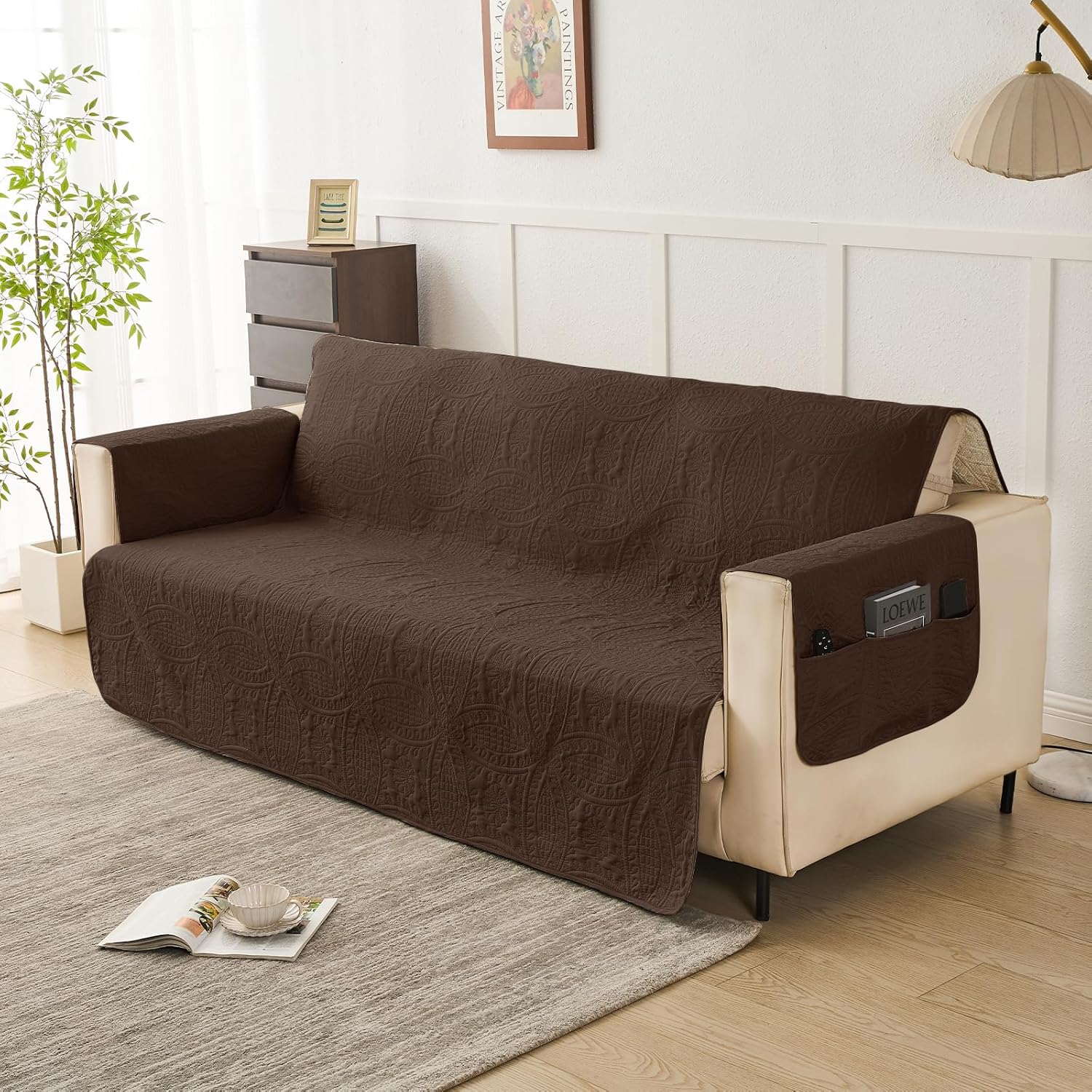 JYHOPE Sofa Cover for Couch – Stretchy Washable Slipcover with Back Tie-Straps & Coin-Textured Pattern, Durable Non-Slip Furniture Protector Against Pets, Spills & Stains (Beige, Large Sofa 68")