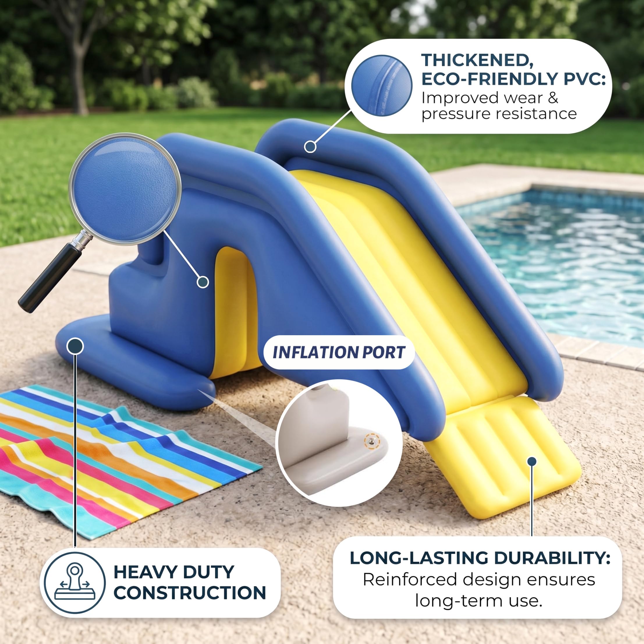 Poolrutschen für oberirdische Pools, aufblasbare Wasserrutsche aus PVC mit Fußpumpe – tragbare Poolrutsche mit Kippschutz für eingelassene und oberirdische Pools, blau