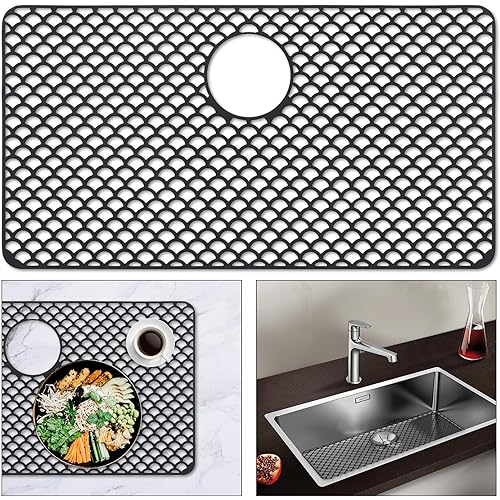 Sink Protectors for Kitchen Sink, 28 * 15‘’ Silicone Sink Mats for Bottom of Farmhouse Stainless Steel Porcelain with Rear Drain Hole for Sink Bowl | Heat-resistant | Easy-clean | Black
