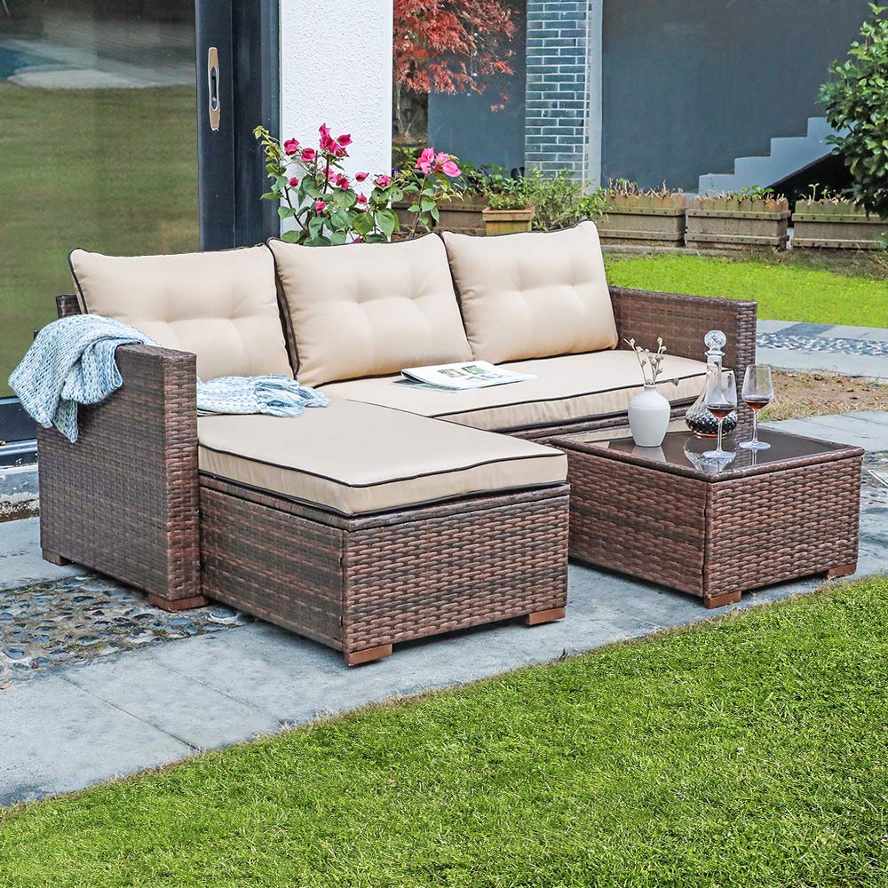 Amazon Com Joivi Patio Conversation Set Pe Wicker Rattan Outdoor Furniture Set 2 Ways Sectional Sofa Lounge And Love Seat With Cushions Tempered Glass Coffee Table Beige Garden Outdoor