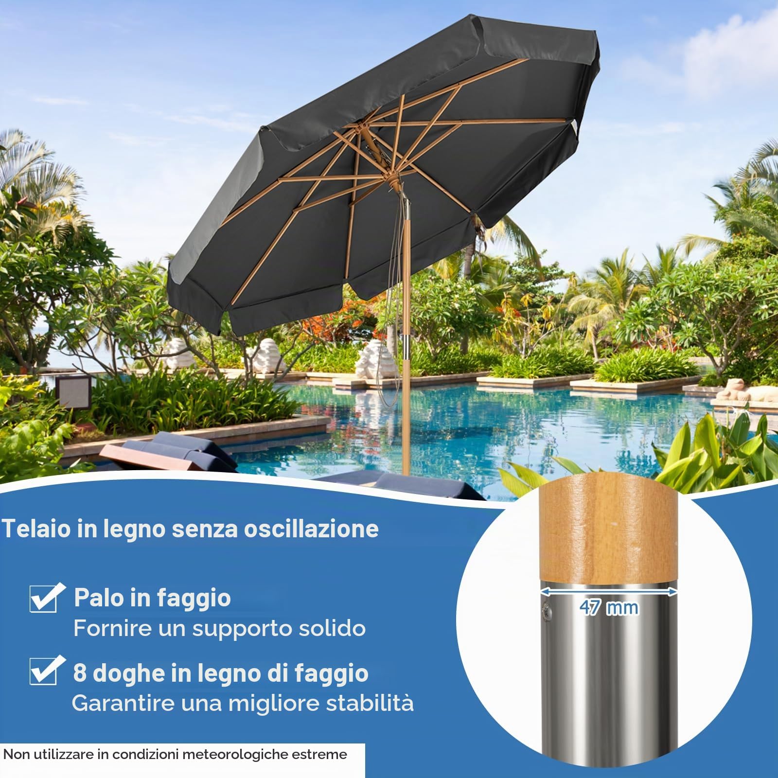 Giantex 3 M Ombrelloni da Esterno, 2 in 1 Inclinabile e Richiudibile, a 8 Stecche, Palo di 48 mm, con Tendaggio Parasole per Pioggia e Sole, 2 Colori Disponibili