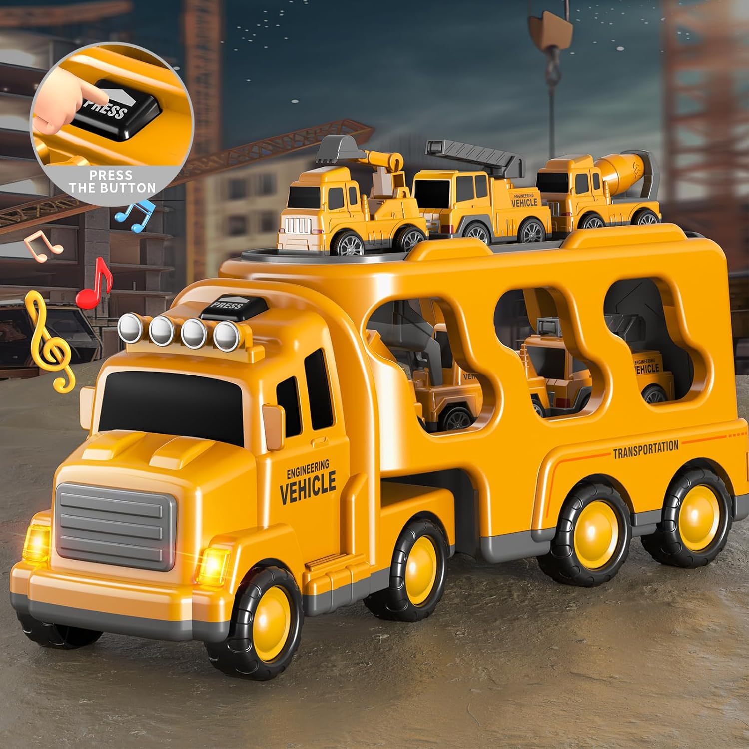 8 in 1 Construction Trucks Cars Toys for Toddlers 3-5, Boy Toddler Car Truck Toys with Playmat and Light Sound, Birthday Gifts for 3 4 5 6 Year Old Boy - Image 3