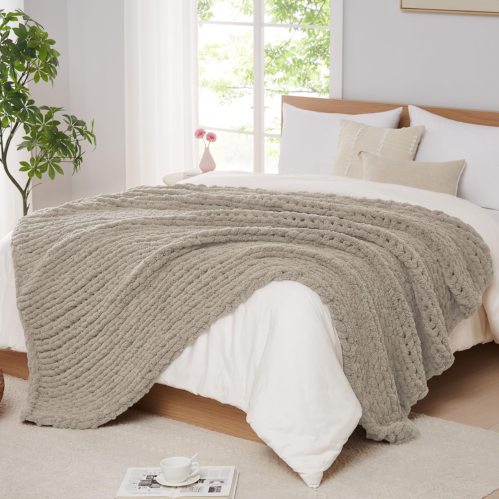 Photo 1 of L'AGRATY Chunky Knit Throw Blanket - 80 x 90 Inches, Light Linen