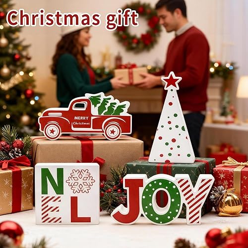 Miniatura 3 de 4 piezas de decoración de mesa de Navidad, adornos de mesa de madera Noel Joy Red Truck con árbol de Navidad, rústico de granja, estante de Navidad,