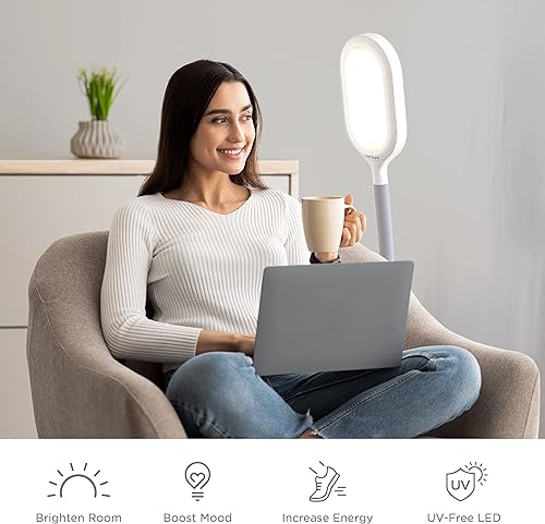 Miniatura 3 de Verilux HappyLight Duo - Lámpara de pie 2 en 1 para terapia de luz y tarea, LED de espectro completo sin UV, 10,000 LUX, brillo y color ajustables,