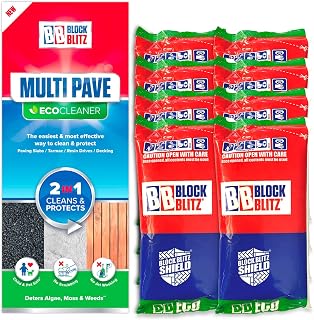 Block Blitz Multi Pave Patio, Drive & Paving Cleaner. Removes Moss, Algae & Deters Weed Growth from Slab, Tarmac & Resin Surfaces. Child & Pet Safe Eco Formula. 8 x 390g Pouches.