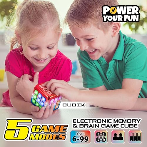 Miniatura 20 de Power Your Fun Cubik - Juego de memoria LED intermitente, juego electrónico de mano, 5 juegos de memoria cerebral para niños, juguetes sensoriales