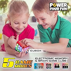 Power Your Fun Cubik LED Flashing Cube Memory Game - Electronic Handheld Game STEM Toy, 5 Brain Memory Games for Kids Brain Play Sensory Toys Puzzle Fidget Toy Light Up Cube (Metallic Red/Blue)