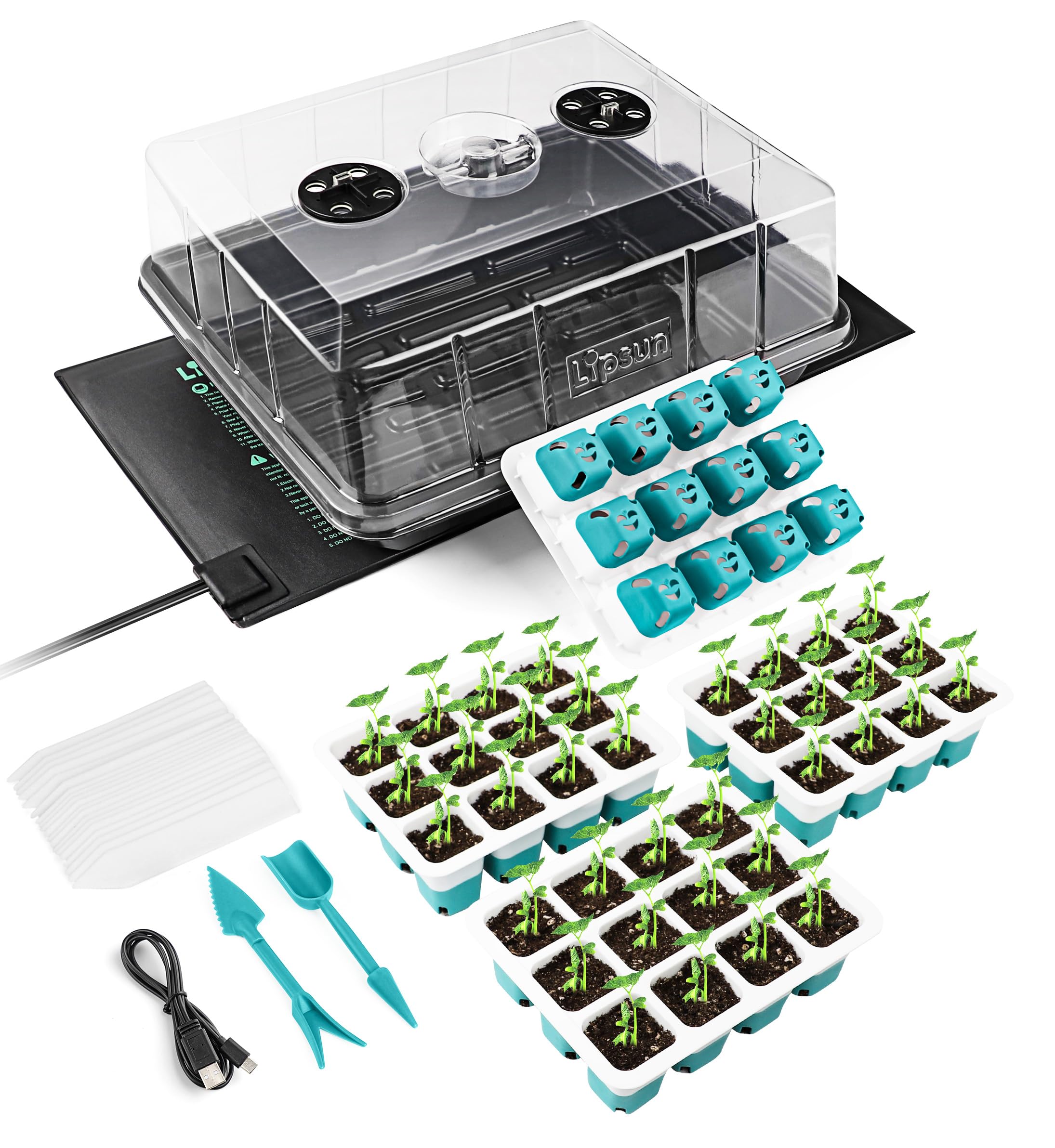 Seed Starter Tray Kit with Grow Light, Seedling Starter Trays, 48 Cells Reusable Plant Starters Silicone, Enhanced Material Seed Germination Kit with Heat Mat/Humidity Dome/High-Raised Lid…