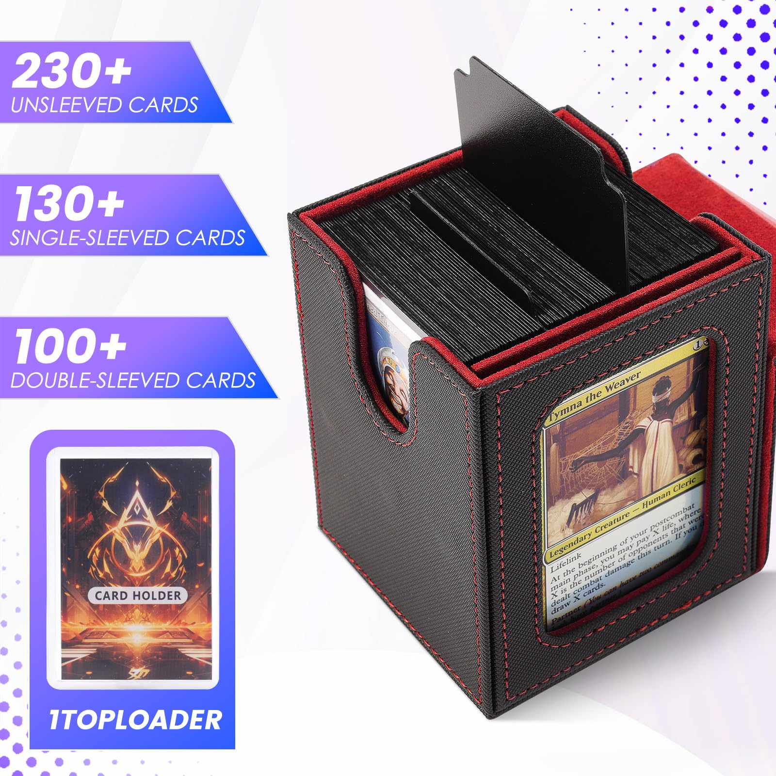 Scimi MTG Deck Box for Commander Display,Card Deck Case Fits 100 Double Sleeved Cards, Magic Commander TCG Card Leather Storage Box with 2 Dividers and 1 Toploader (B/R)