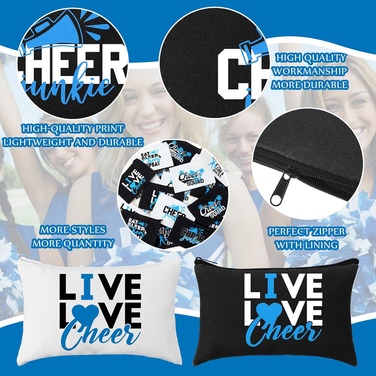 Pinkunn 20 Pcs Cheer Makeup Bags Bulk Cheer Team Gifts for Women Canvas Makeup Case Cheerleader Teams Gifts Zipper Cosmetic Pouch for Cheerleading Party Favors Supplies(Blue) - Image 3