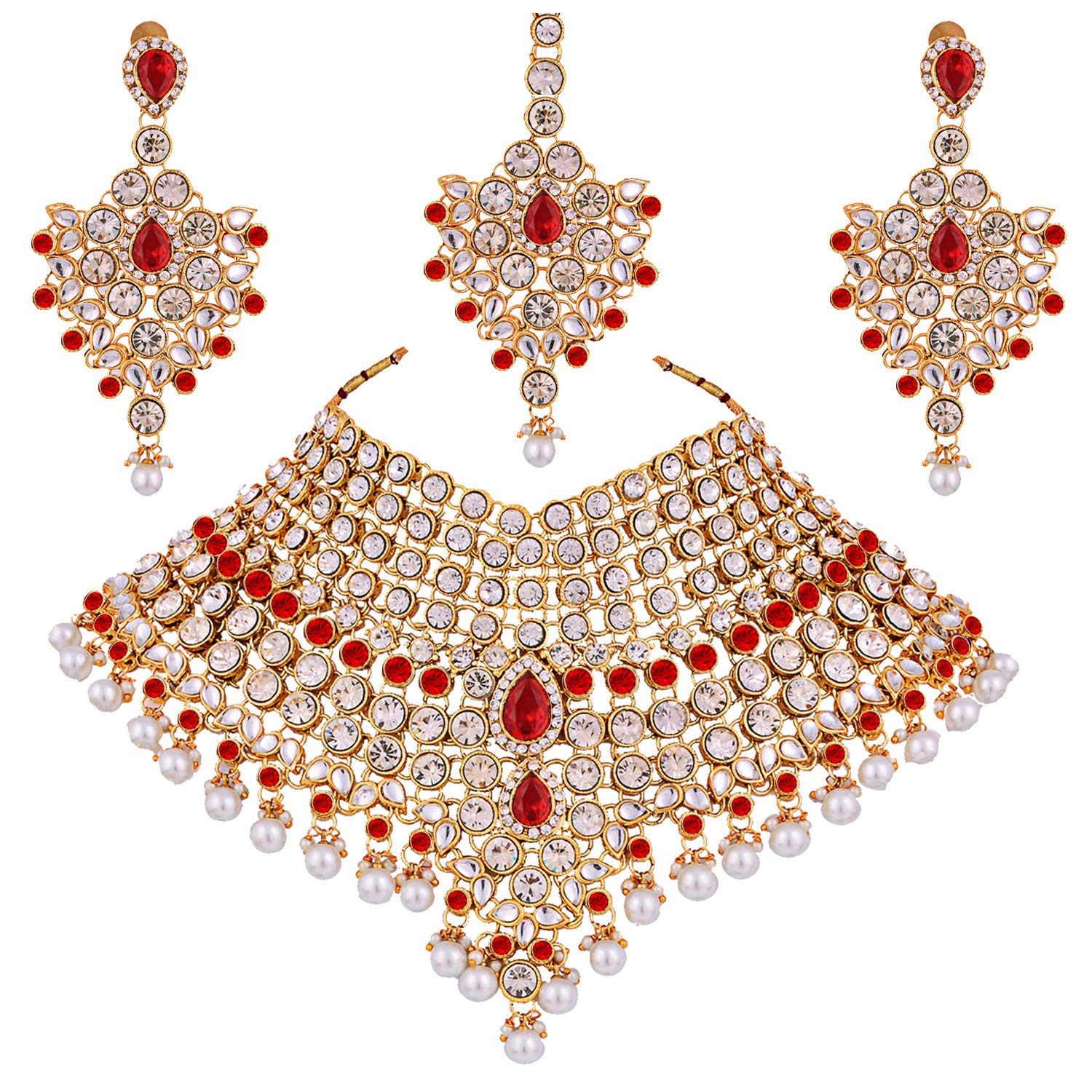 Lucky Jewellery Red Semi Bridal Dulhan Dulhan Wedding & Engagement Necklace Set with Mang Tikka (1815-L1SS-KD124-RED) (B06XZZC56C) Amazon Price History, Amazon Price Tracker