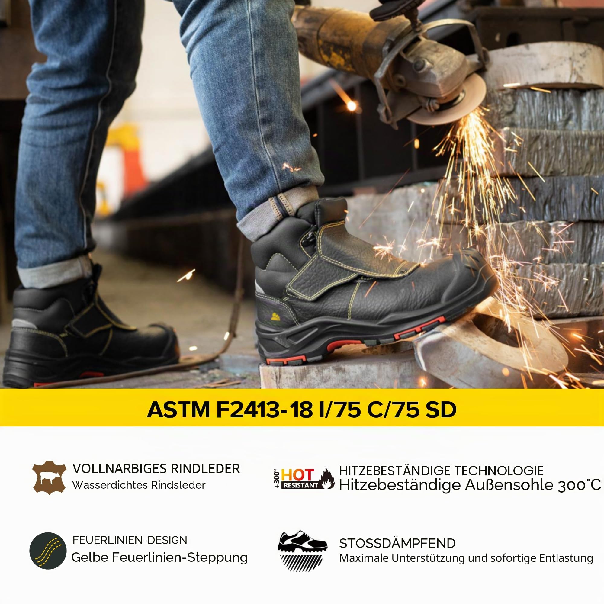 SAFETOE Schweißen Arbeitsstiefel-Arbeitsstiefel-M-8387 S3 ESD Rindsleder Schweißer Sicherheitsschuhe 300 ℃ Hitzefunken beständige Stich und Spitze Schutzabdeckung Gummi Sohle zusammengesetzte Zehe