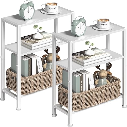 Miniatura 14 de Mesa auxiliar estrecha para espacios pequeños, mesa auxiliar pequeña de 2 niveles con soporte para estantes, mesita de noche delgada, mesa de sofá