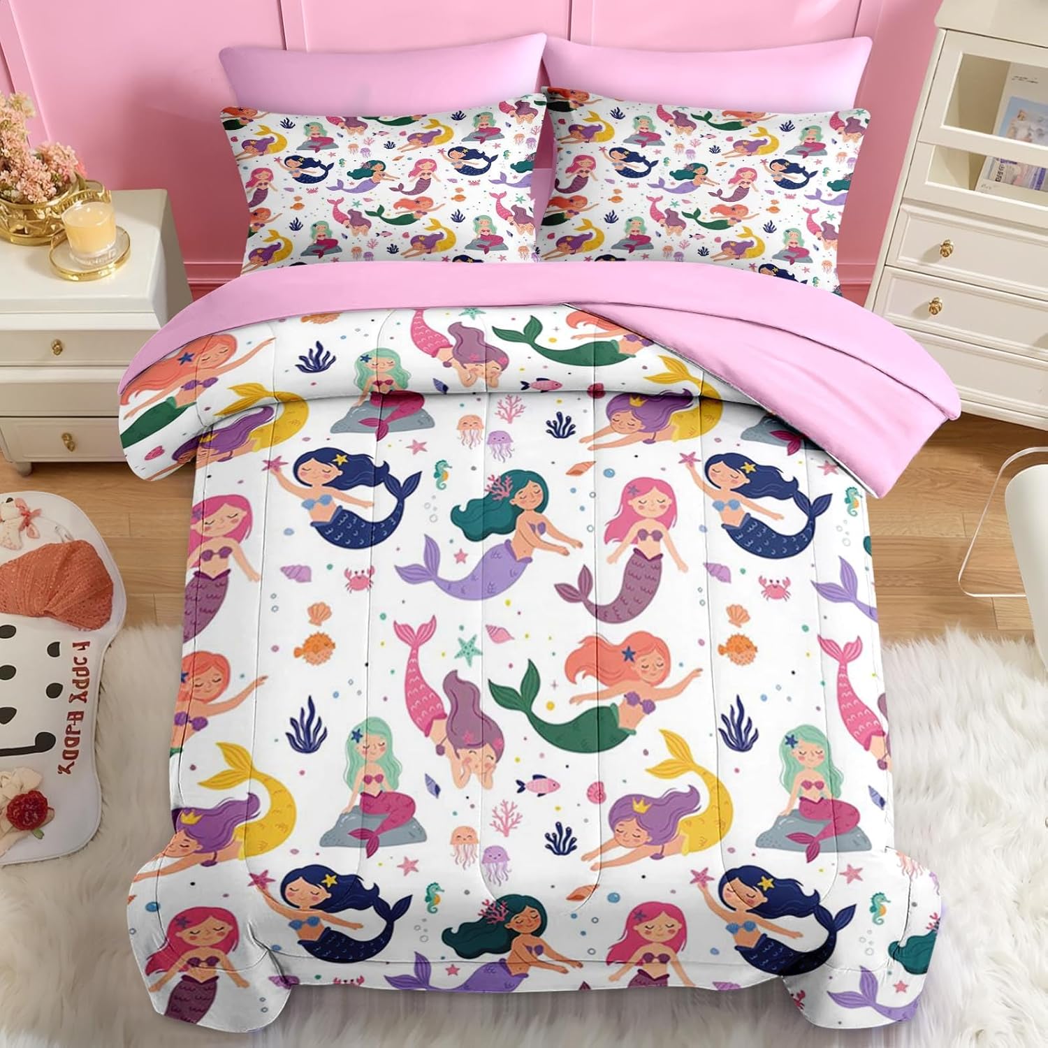 Nesker 5 Pcs Comforter Set Twin Size, Colorful Mermaid Princess Bedding for Kids Teen, Cartoon Sea Animals Bed Sheet with Pillowcase & Sham