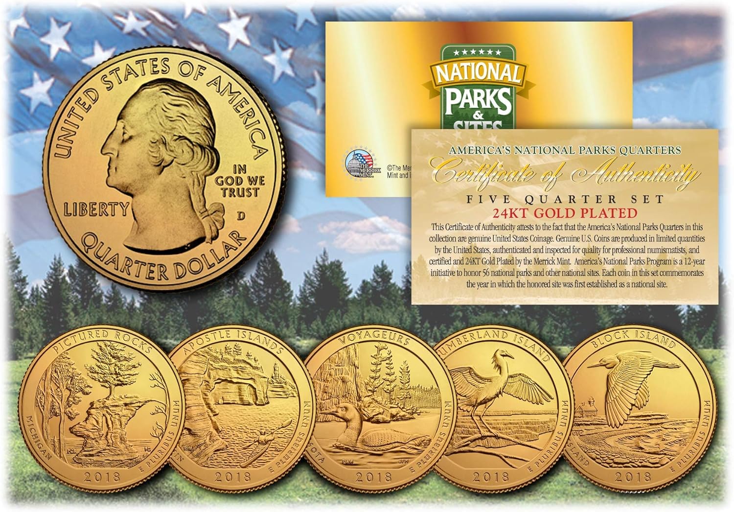 2018 America The Beautiful 24K Gold Plated Quarters Parks 5-Coin Set w/Capsules Thumbnail
