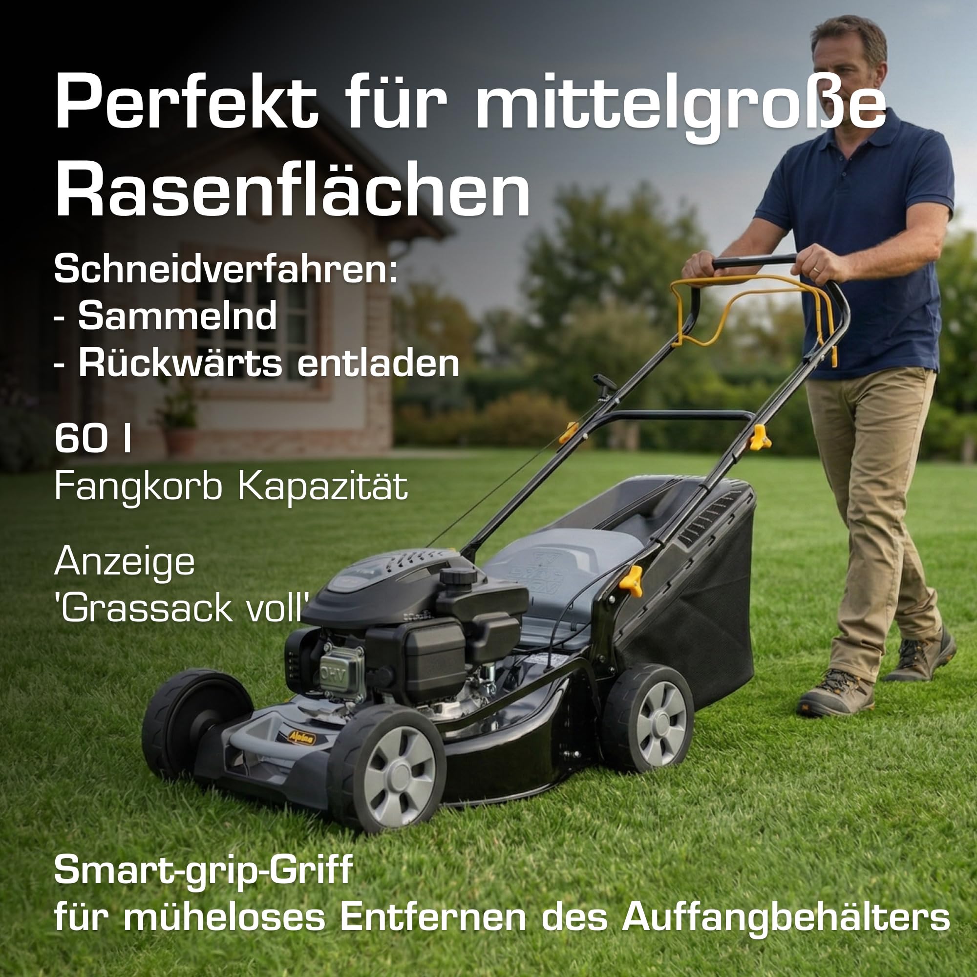 Alpina AL5 46 SA Benzin-Rasenmäher, 139 cc, 46 cm – Fangkorb 60 l, Heckantrieb, Zentrale Schnitthöhenverstellung – Rasenflächen bis 1.200 m²