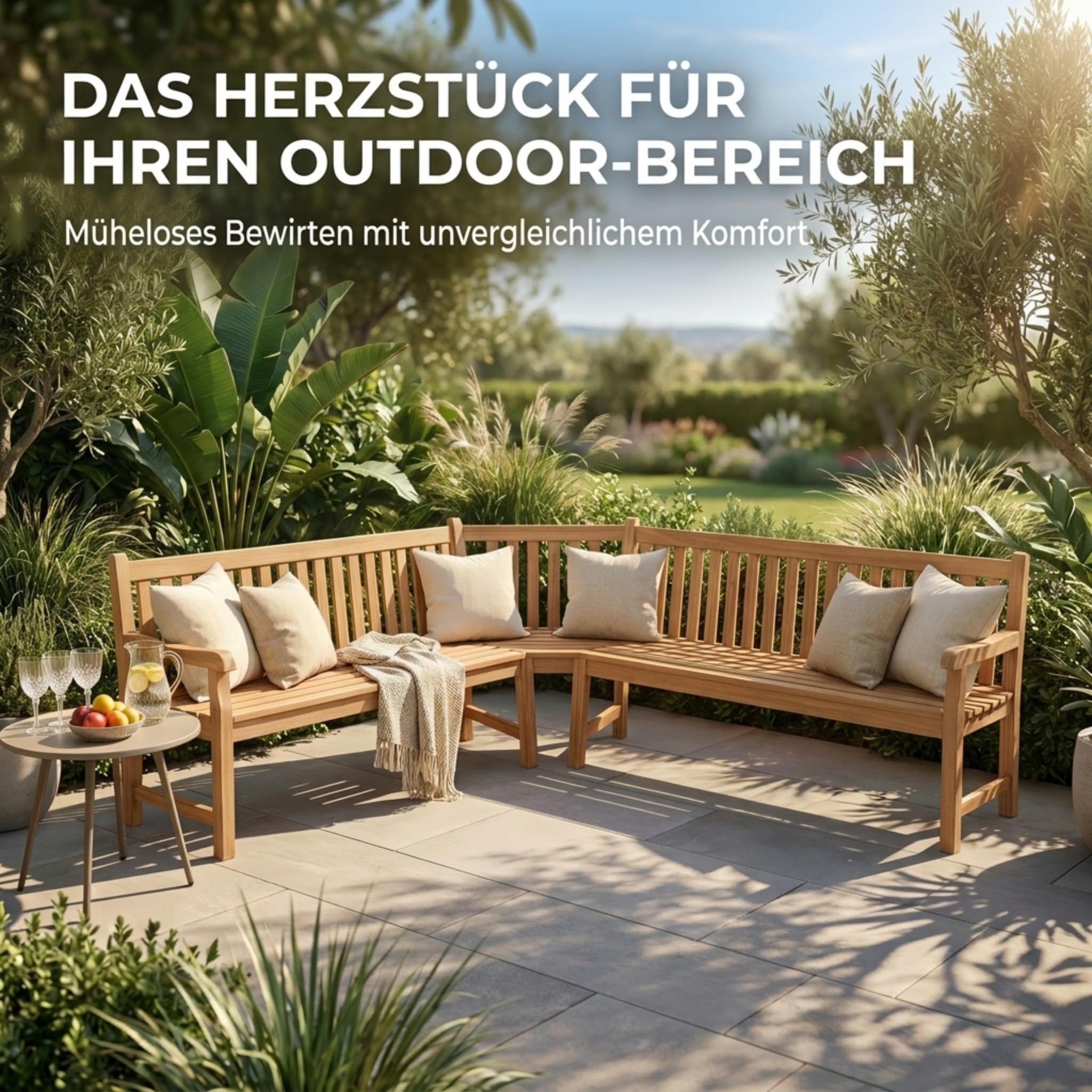 SAM Premium Garten-Eckbank 210 cm 6-Sitzer, Eckbank aus Teakholz massiv mit Armlehnen und Rückenlehne, wetterfeste Holzbank für Garten Terrasse Wintergarten Outdoor