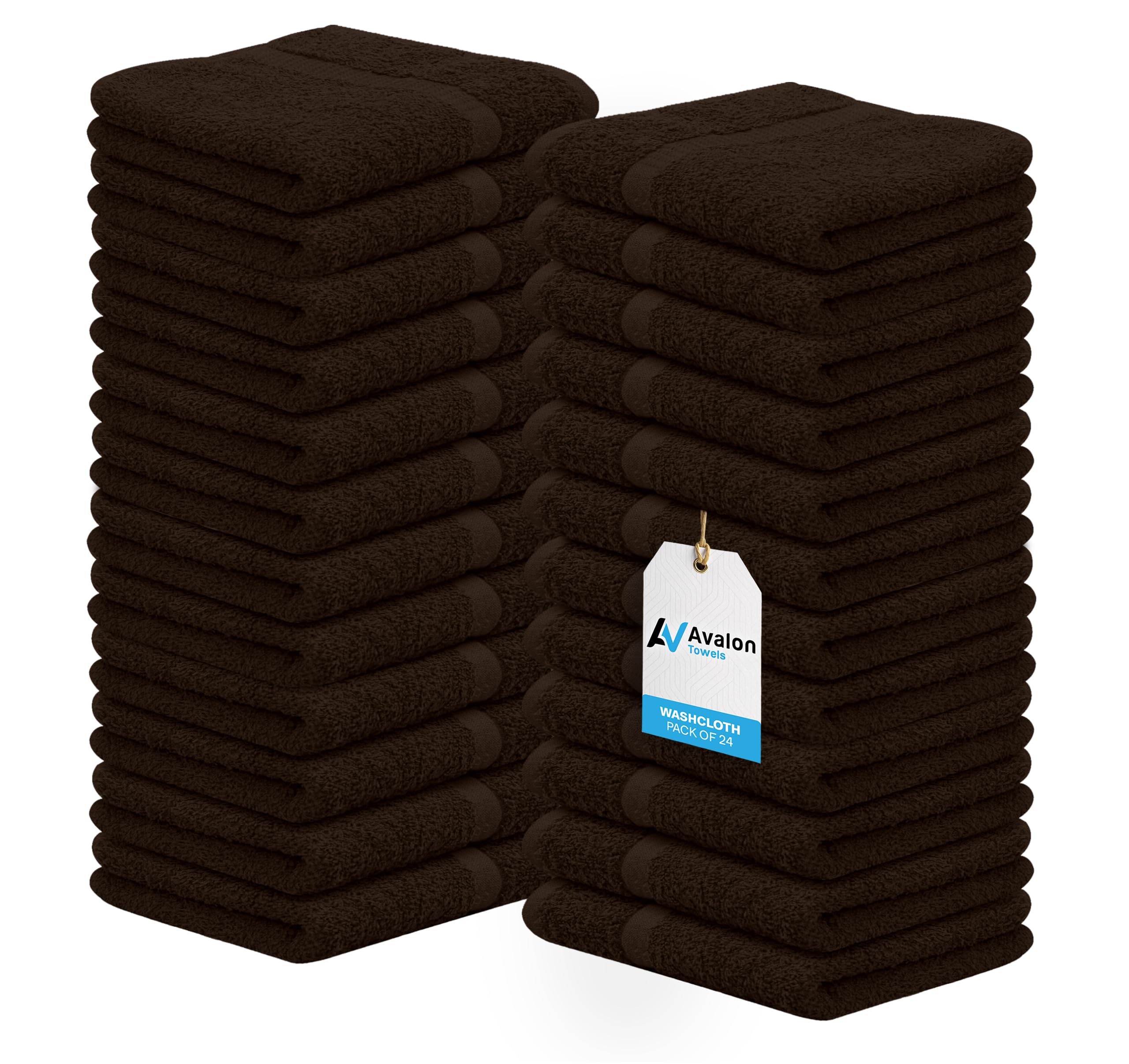 Avalon Towels Cotton Washcloths 24-Pack – 12 x 12 Inch Brown Super Soft & Absorbent Ring-Spun Cotton Wash Cloths for Face, Bath, Spa, Gym, Hotel &