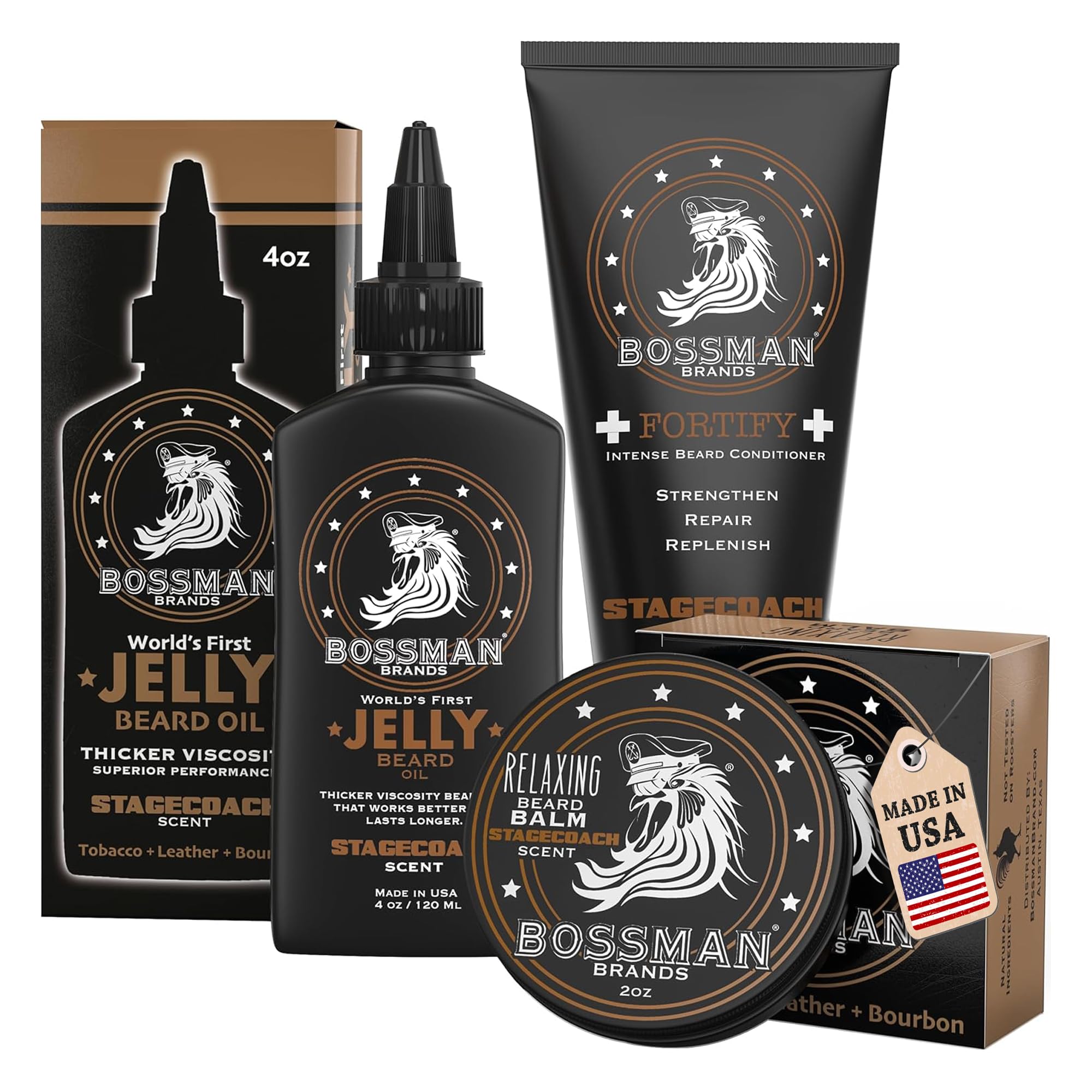 Sponsored Ad - Bossman Essentials Beard Kit for Men, Set of 3 - Beard Oil Jelly, Fortifying Conditioner Cream, Beard Balm - Grooming Growth Care Accessories - Gift Set for Men (Stagecoach)