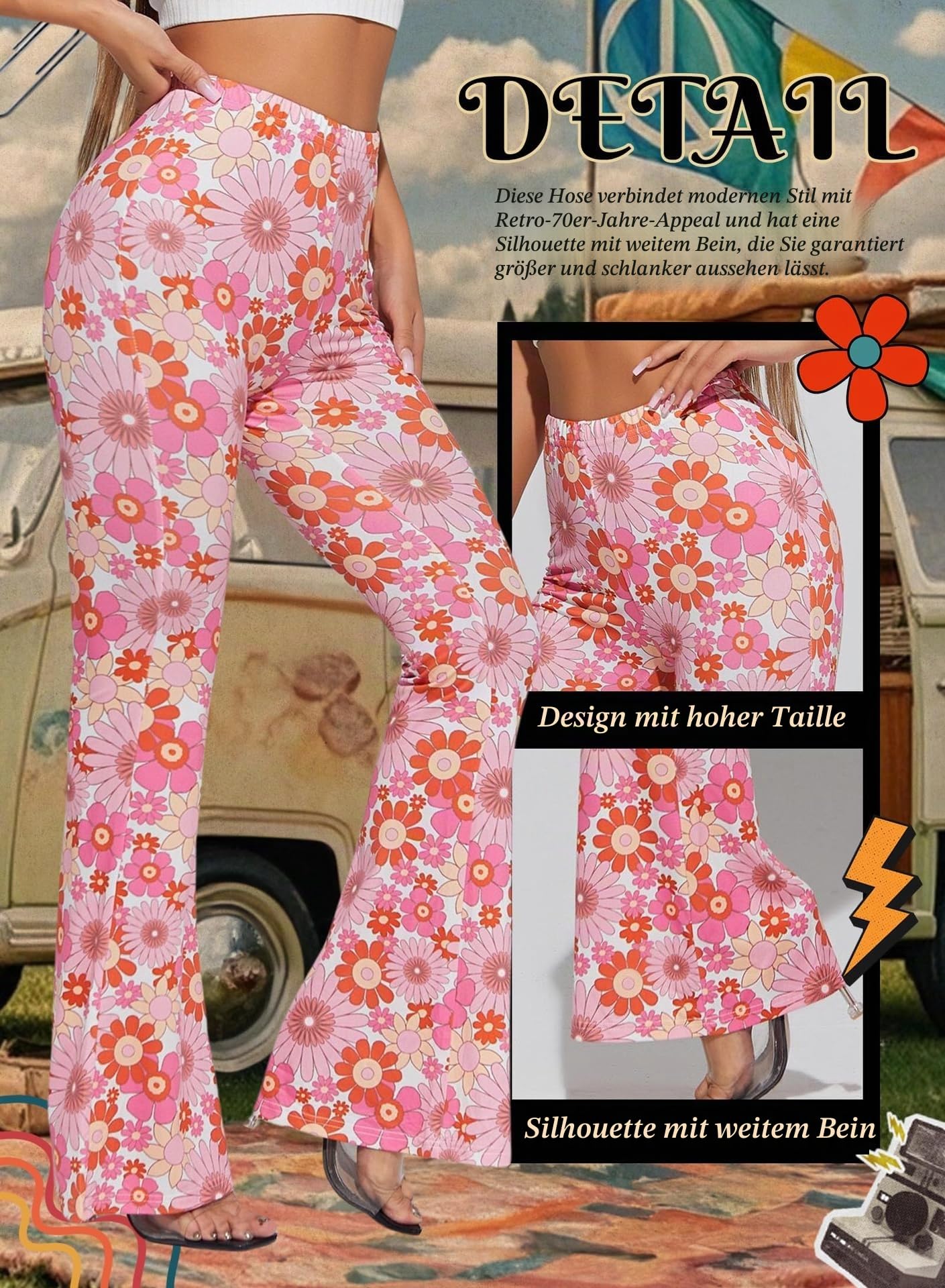 EVELUST Damen Karierte Schlaghose – High Waist Retro Y2k Partyhose Karneval Fasching Festival Rave 90er 2000er Vintage Outfit Pink Weiß Elegante Leggings