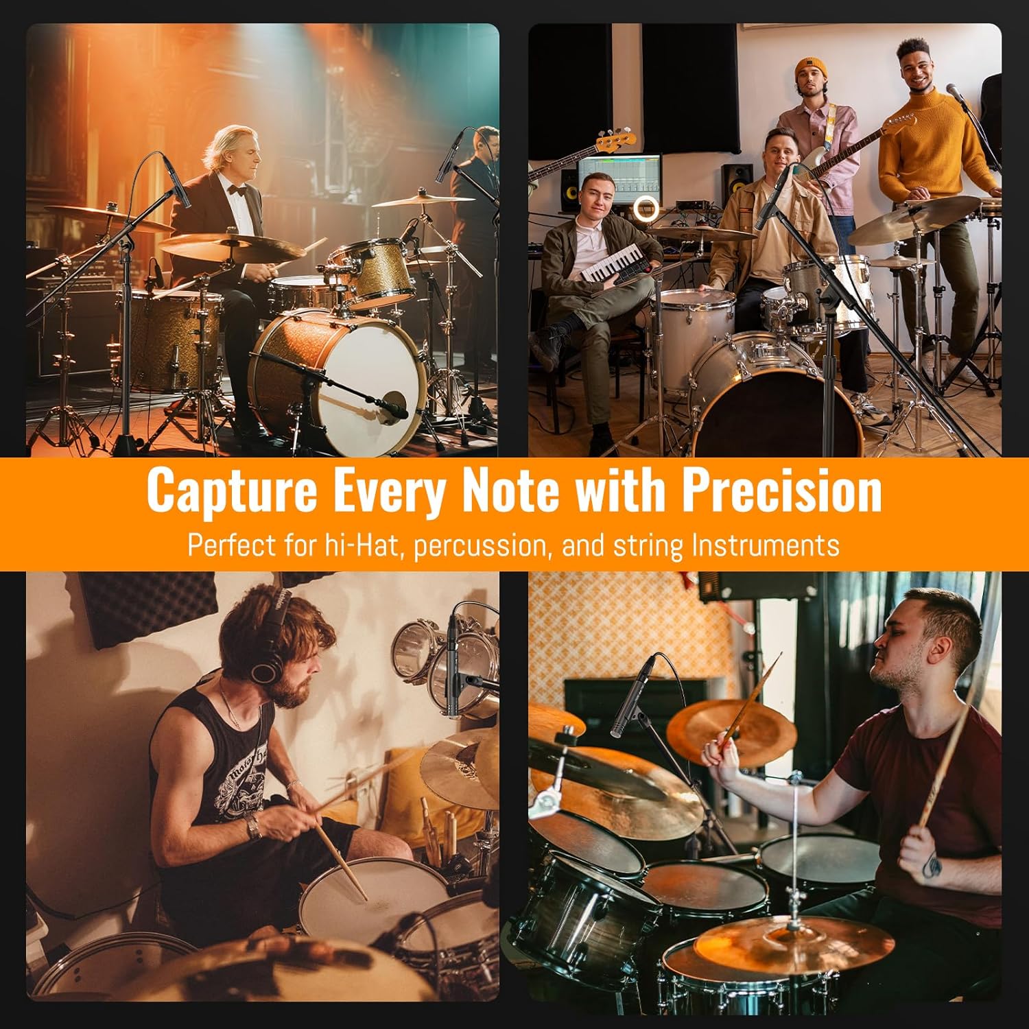 Four images showing the Phenyx Pro PDM35 microphone being used in various musical settings: a band rehearsal, a live performance with a drummer, and two studio recording scenarios with drummers.