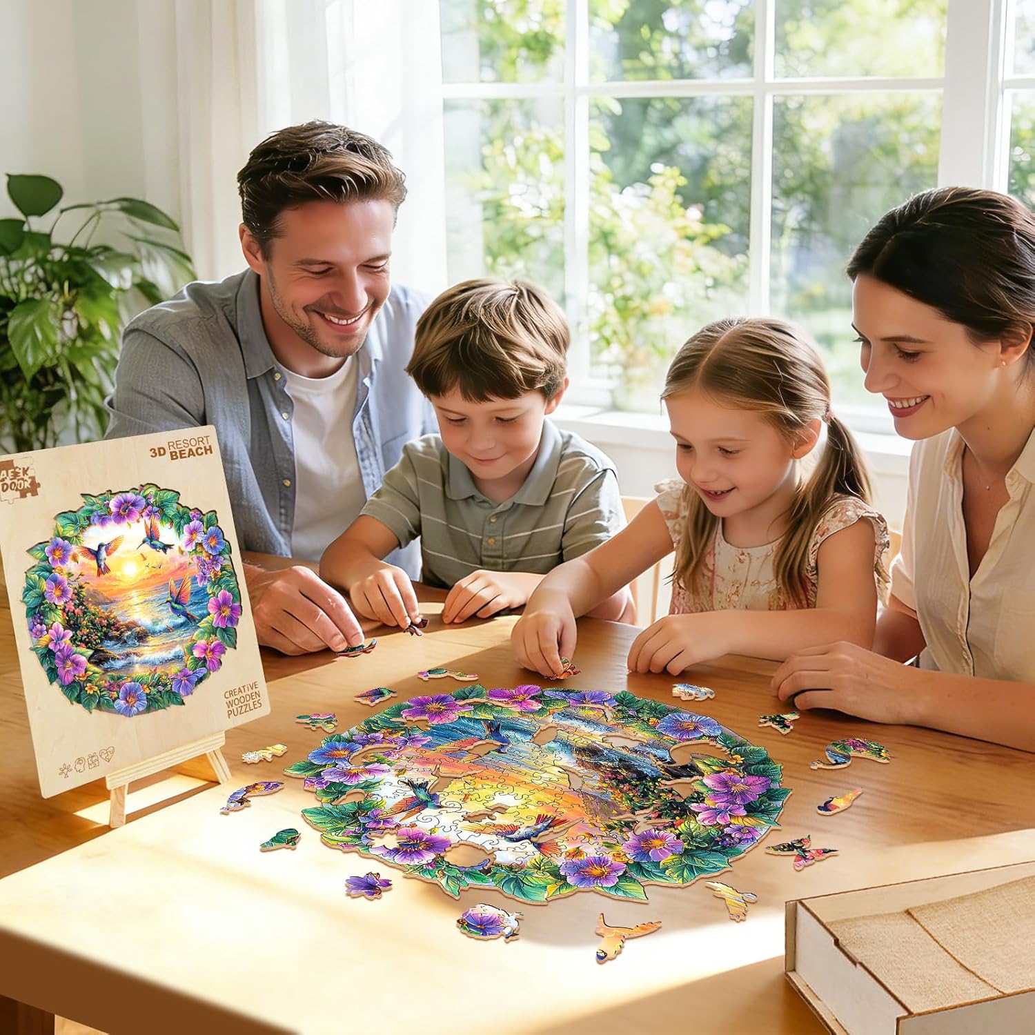 Wood Puzzles for Adults - Beach Sunset Wooden Jigsaw Puzzles - Unique Animal Shape Wooden Puzzles for Adults - Spring Gifts Puzzle for Lovers, Family (11.4 * 11.3in-200 Pieces)