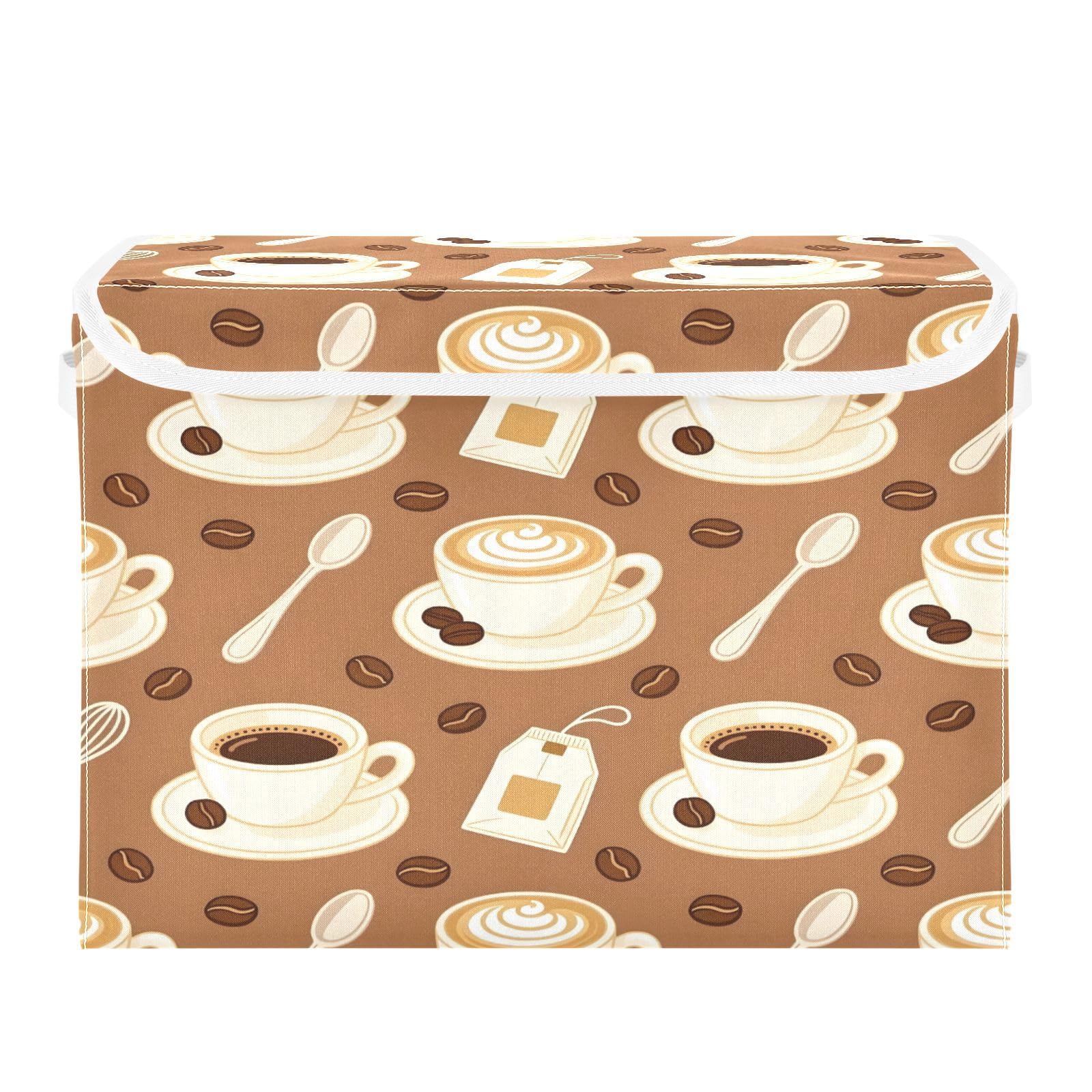 Ewusp Coffee Fabric Storage Bin with Lid, Decorative Foldable Storage Basket with Handles, Stackable Closet Shelf Organiser Box for Clothes, Books, Bedroom, Living Room