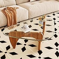 Vista 8 de Mesa de centro para sala de estar, mesa central moderna de mediados de siglo con tapa de vidrio y madera, transparente/nogal