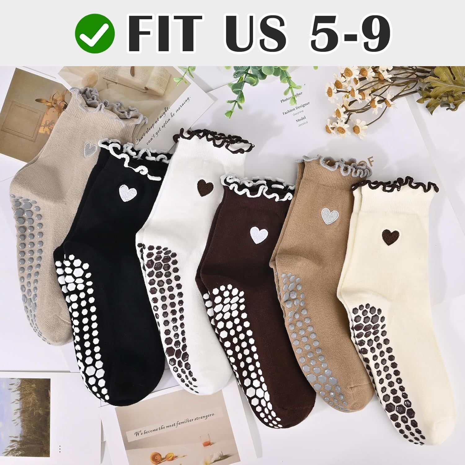 Pilates Yoga Grip Socks for Women, Bow-Patterned Ruffled Crew Socks Ideal for Fitness, Ballet Bar Work&Dance - Image 6