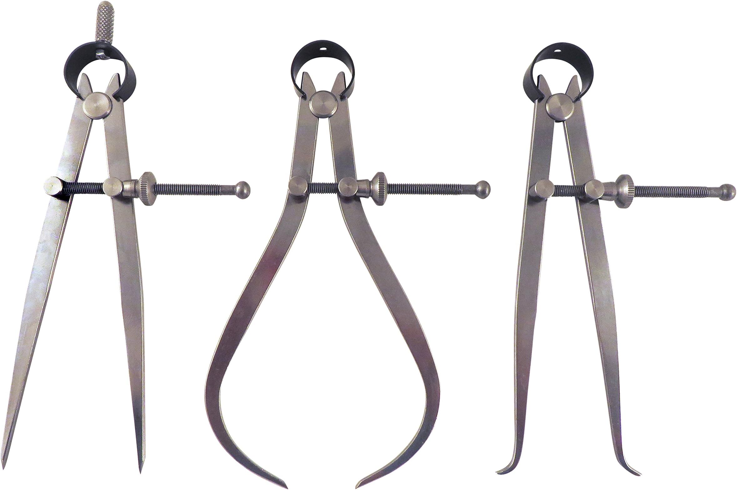 3 Piece Set Toolmaker's “Yankee” Spring Dividers, Inside ID & Outside OD Calipers, Solid Nut, 0-6.5” / 165 mm Range, Fine Adjustment Mechanism, Flat Leg,C1-6/C2-6/C3-6