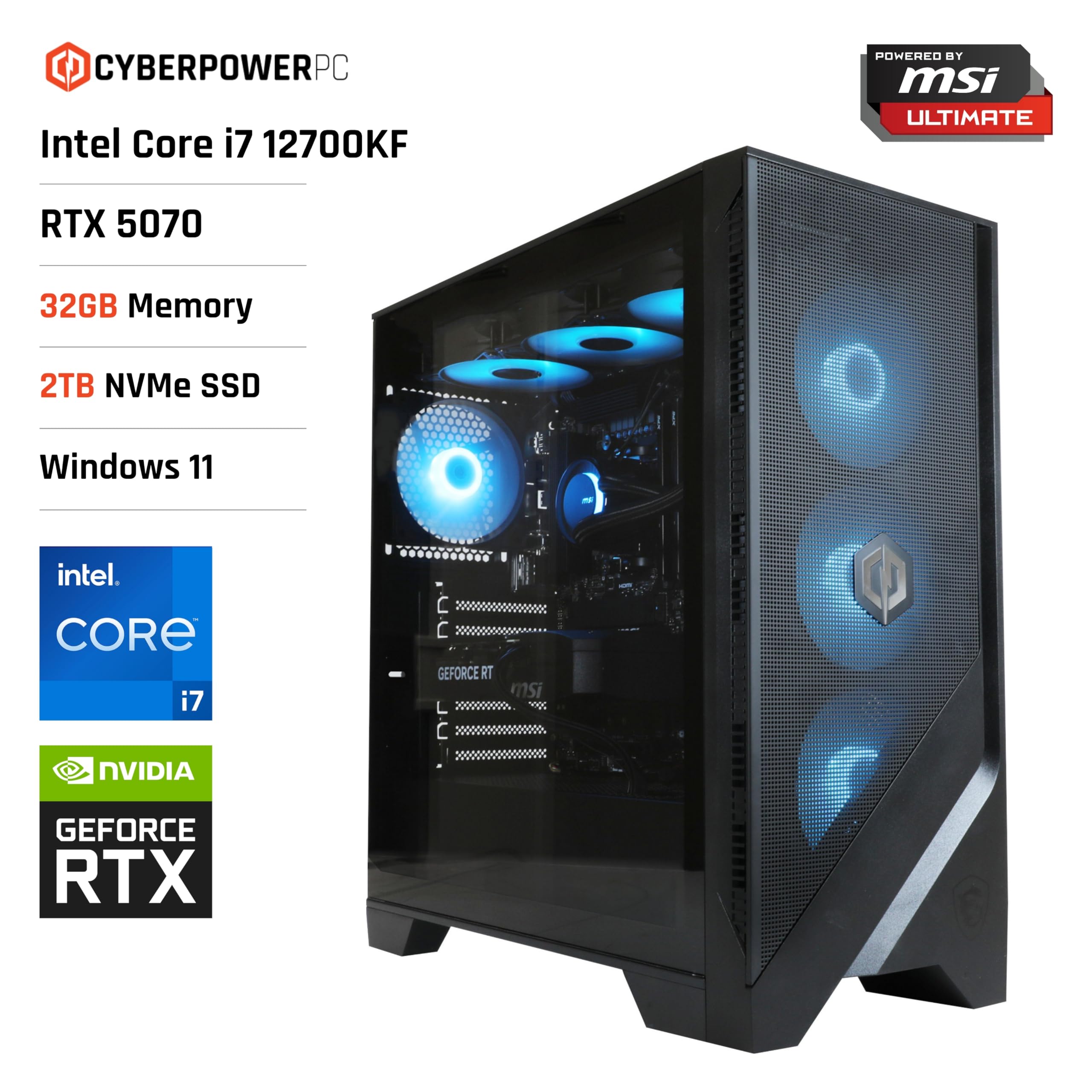 CyberpowerPC x MSI PBM Gaming PC - Intel Core i7 12700KF, Nvidia RTX 5070, 32GB RAM, 2TB NVMe SSD, 850W PSU, Wi-FI, Windows 11, Liquid Cooling, Mag Forge 320R Airflow