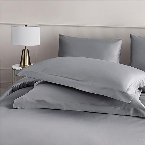 Miniatura 6 de ACCURATEX Juego de funda de edredón tamaño Queen, color gris, 400 hilos de algodón de fibra larga de tejido satinado, funda de edredón de percal de