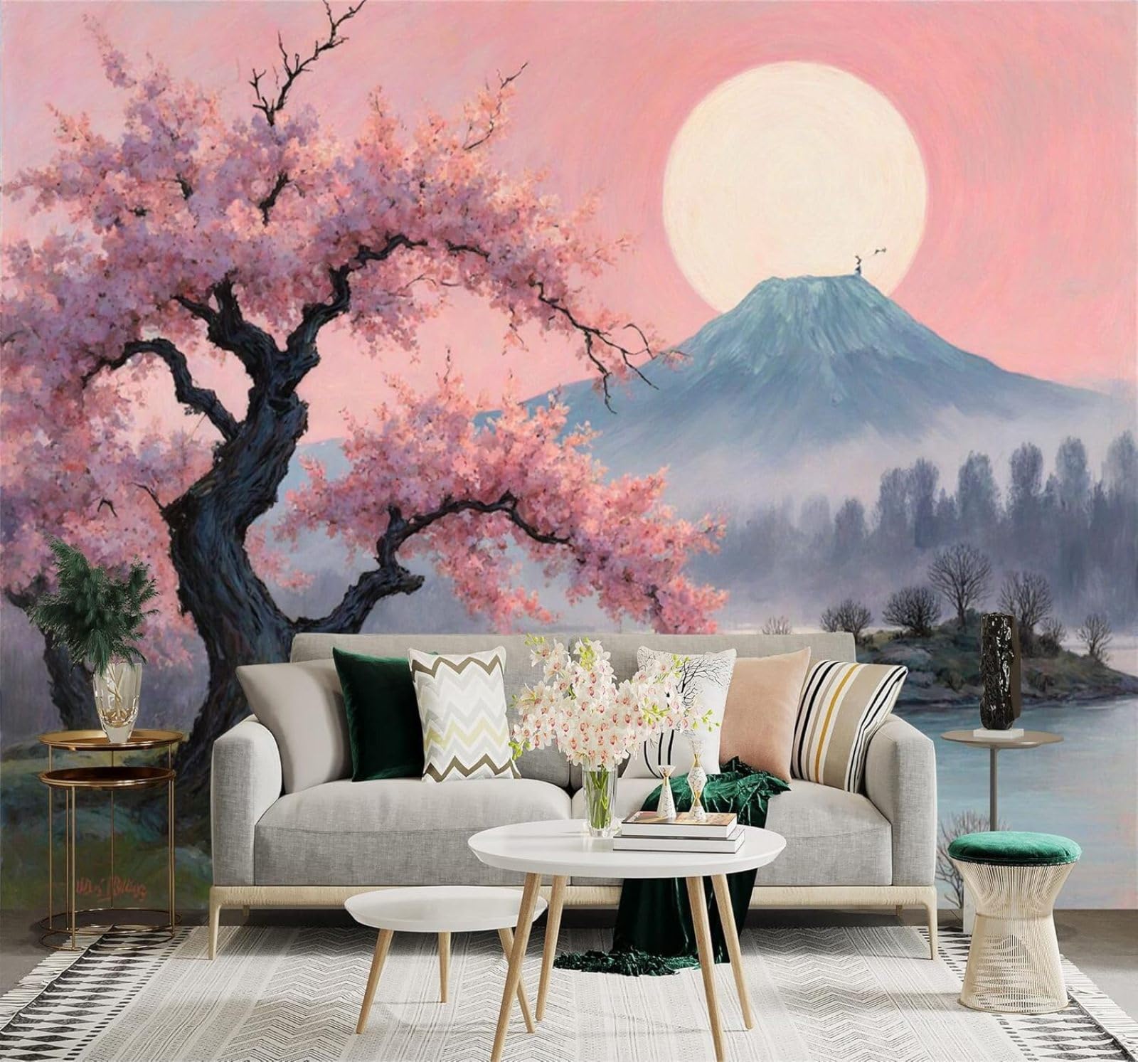 XLMING Beautiful Cherry Blossom Trees Mountains Lakes Full Moon 3D Wallpaper Premium Textured Silk Study Dining Living Room Bedroom Sofa TV Wall Easy Install-430cm×300cm